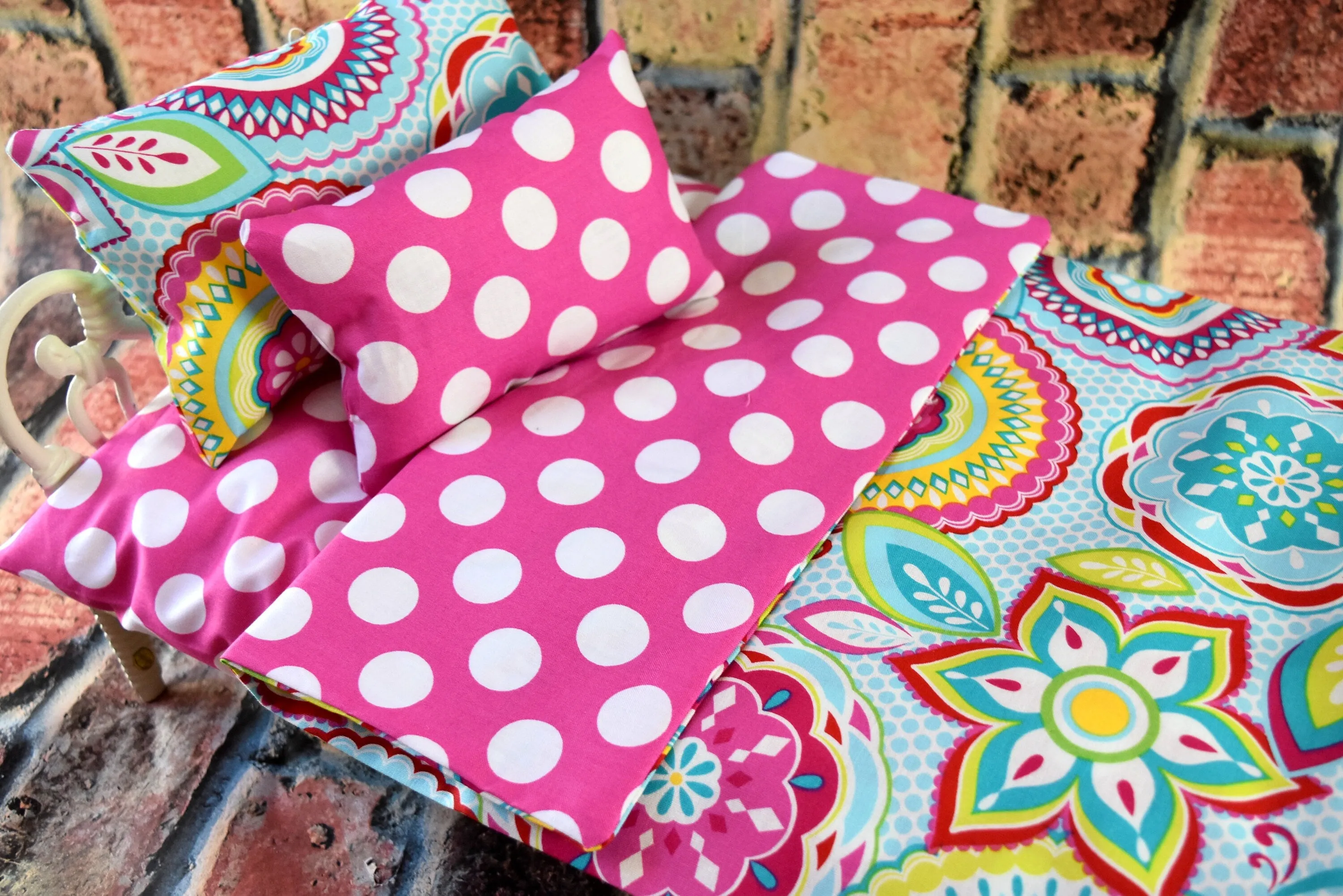 18 in Doll Bedding Set - Pink Polka Dots - Includes Mattress Blanket - Perfect for Baby Dolls or Pet Beds