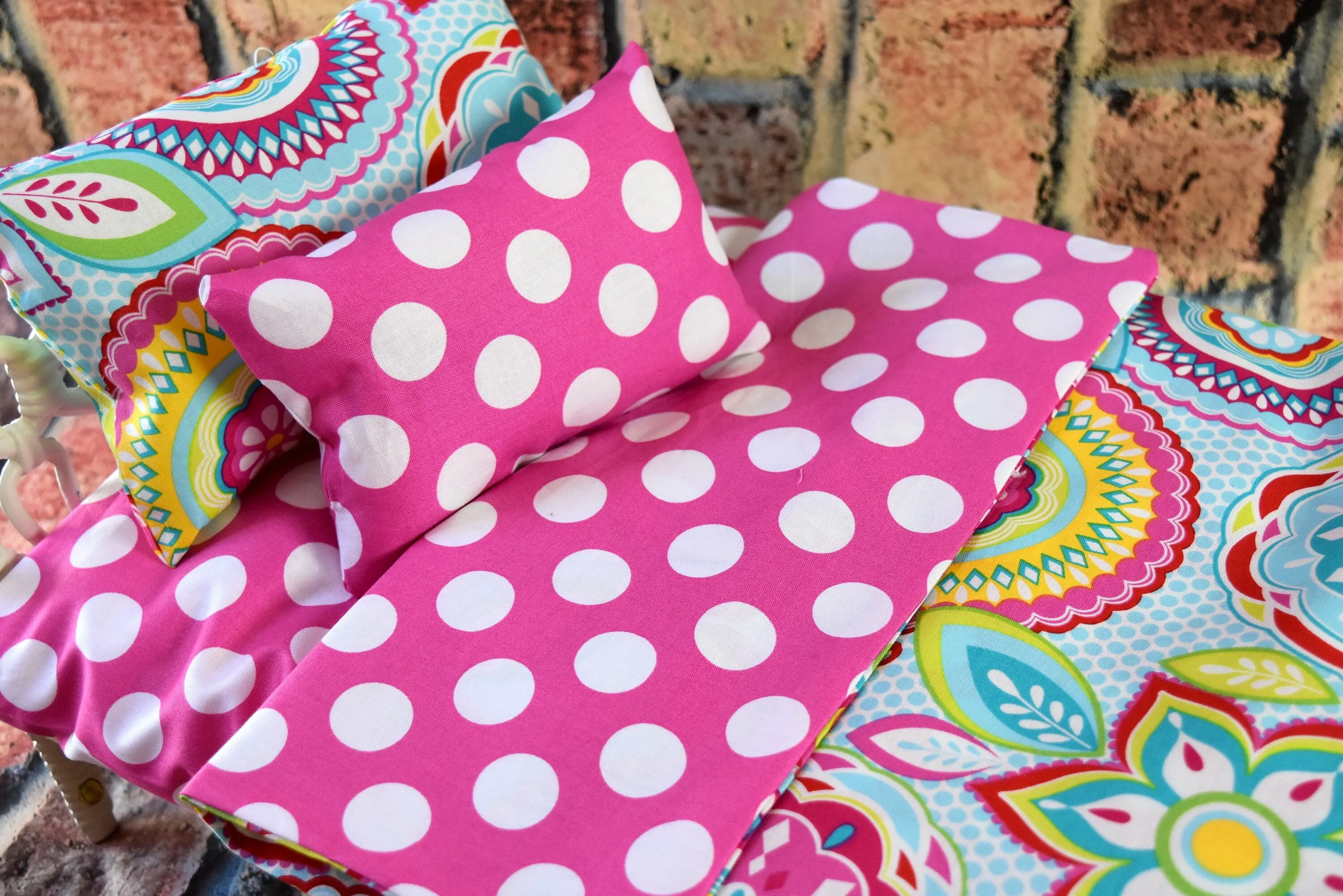 18 in Doll Bedding Set - Pink Polka Dots - Includes Mattress Blanket - Perfect for Baby Dolls or Pet Beds