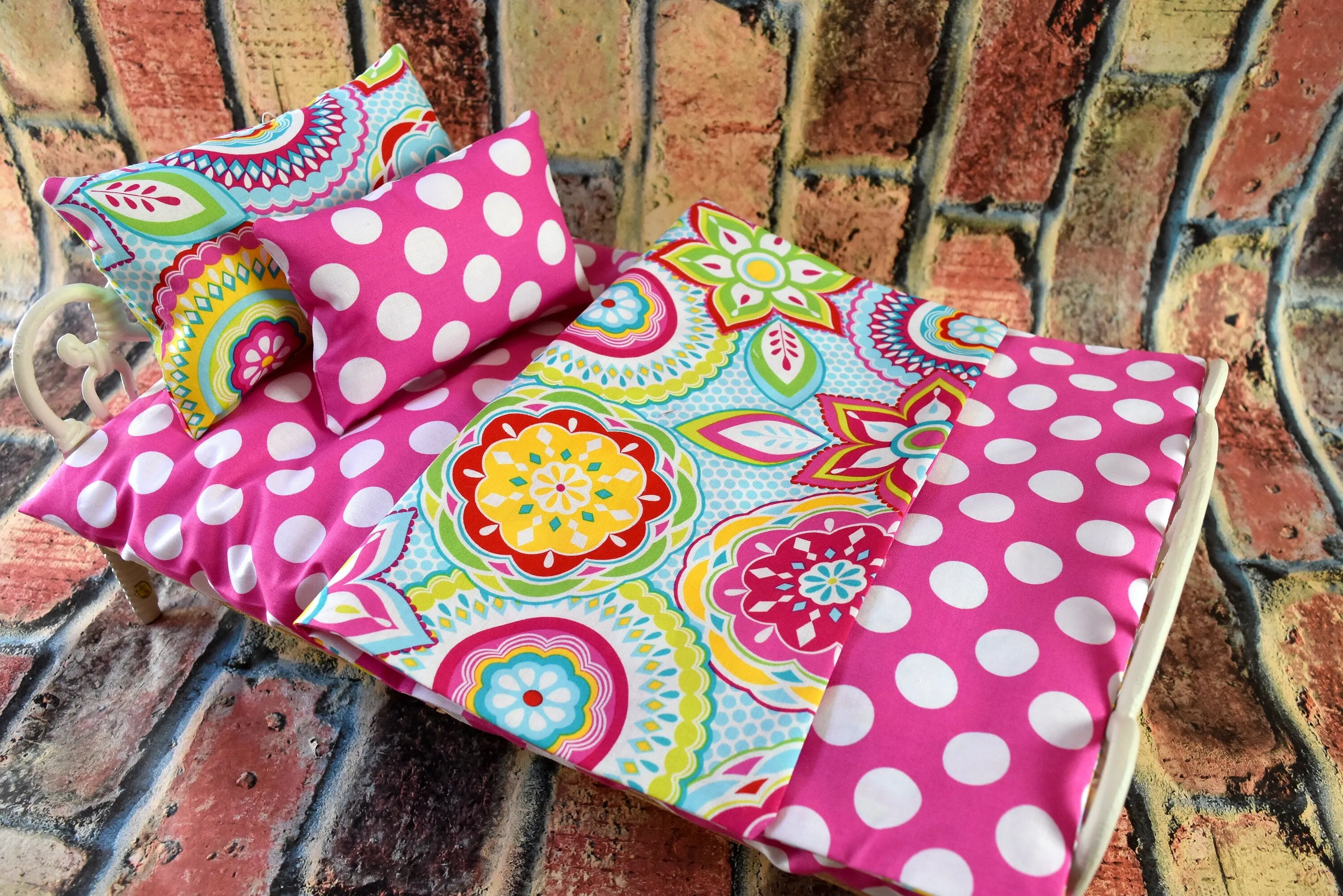 18 in Doll Bedding Set - Pink Polka Dots - Includes Mattress Blanket - Perfect for Baby Dolls or Pet Beds