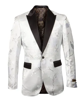 (5XL, 6XL) White and Silver Slim Fit Floral Pattern Sports Coat