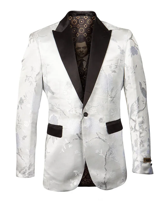 (5XL, 6XL) White and Silver Slim Fit Floral Pattern Sports Coat