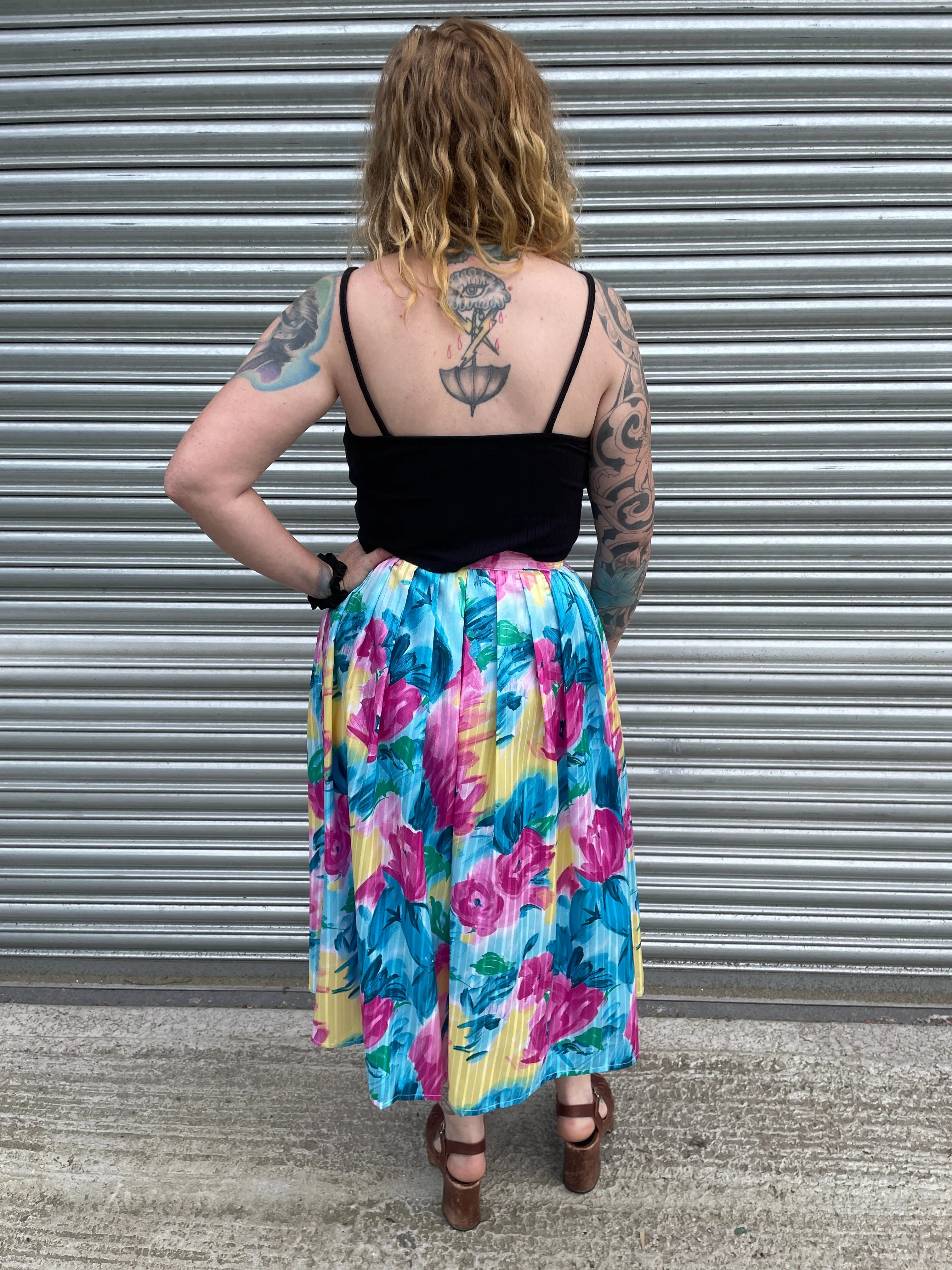 80s Watercolour Self-Stripe Midi Skirt. UK 10