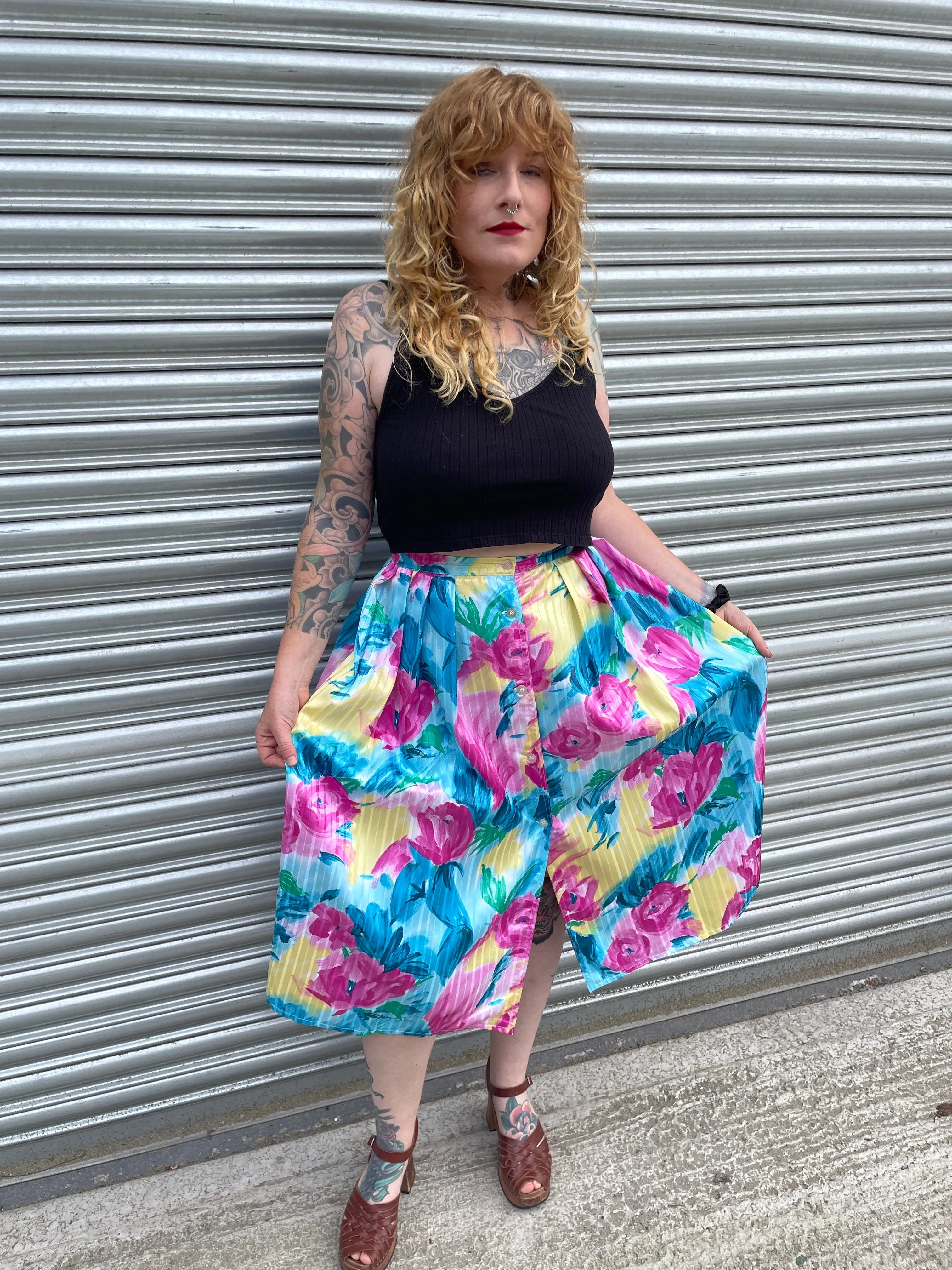 80s Watercolour Self-Stripe Midi Skirt. UK 10
