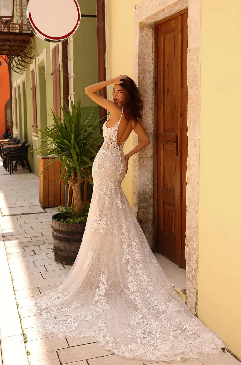 Amarra Bridal 84210 "Carmen" Mermaid Plunging Neckline Floral Embroidered Spaghetti Strap Train Wedding Gown