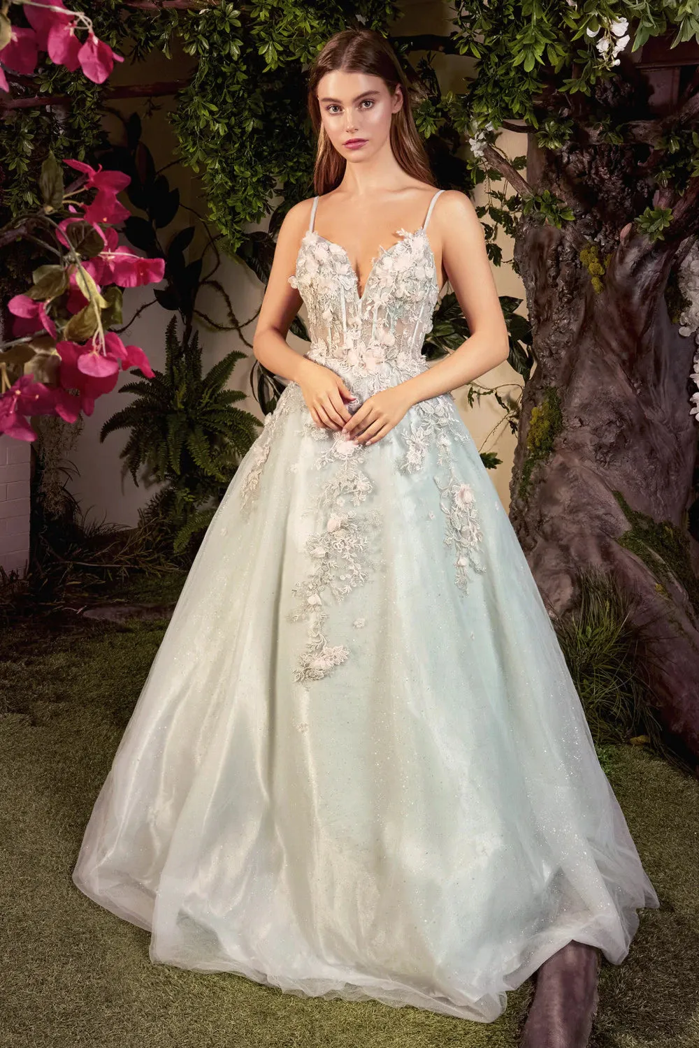 Andrea & Leo TIANA A1040 Size 4 Long Shimmer A Line Ballgown 3D Lace Formal Dress Sheer Gown