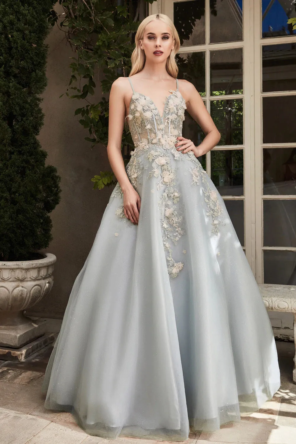 Andrea & Leo TIANA A1040 Size 4 Long Shimmer A Line Ballgown 3D Lace Formal Dress Sheer Gown
