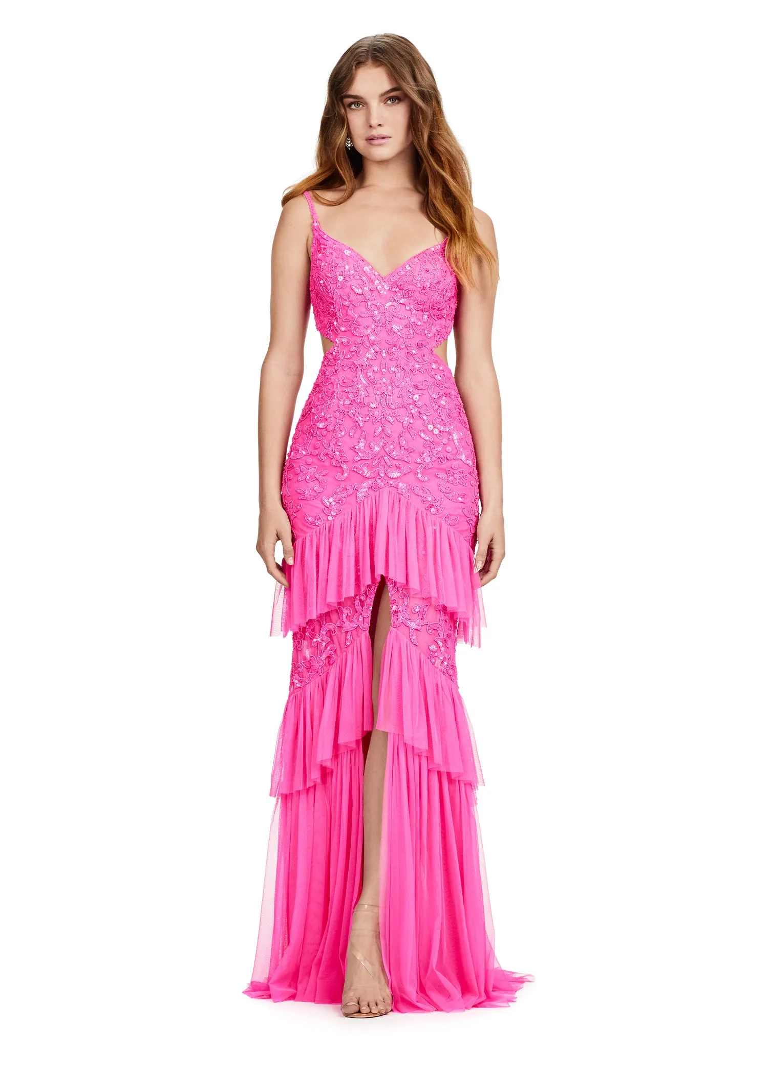 Ashley Lauren 11437 Long Prom Dress Beaded Spaghetti Strap Gown Cut Out Ruffles Formal Pageant Gown