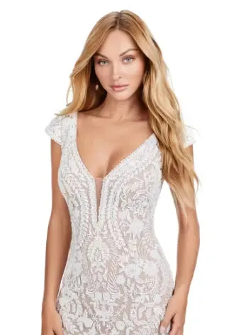 Ashley Lauren 11497 Long Prom Dress Fully Beaded V-Neck Evening Gown with Cap Sleeves and Center Slit Formal Pageant