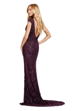 Ashley Lauren 11497 Long Prom Dress Fully Beaded V-Neck Evening Gown with Cap Sleeves and Center Slit Formal Pageant