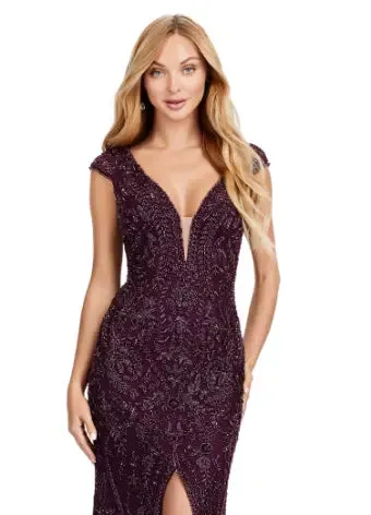 Ashley Lauren 11497 Long Prom Dress Fully Beaded V-Neck Evening Gown with Cap Sleeves and Center Slit Formal Pageant