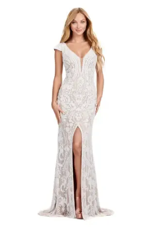 Ashley Lauren 11497 Long Prom Dress Fully Beaded V-Neck Evening Gown with Cap Sleeves and Center Slit Formal Pageant