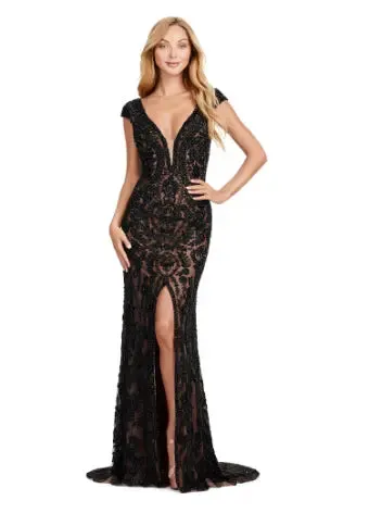 Ashley Lauren 11497 Long Prom Dress Fully Beaded V-Neck Evening Gown with Cap Sleeves and Center Slit Formal Pageant