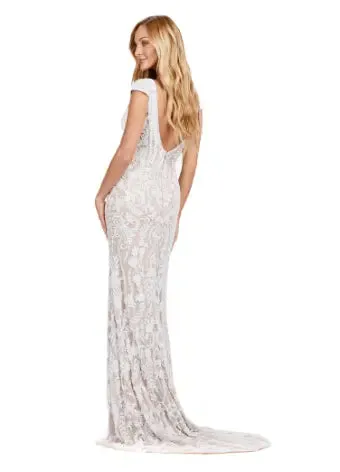 Ashley Lauren 11497 Long Prom Dress Fully Beaded V-Neck Evening Gown with Cap Sleeves and Center Slit Formal Pageant