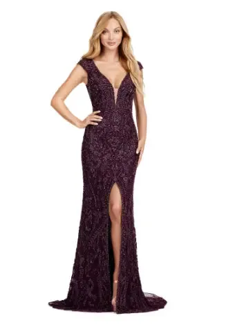 Ashley Lauren 11497 Long Prom Dress Fully Beaded V-Neck Evening Gown with Cap Sleeves and Center Slit Formal Pageant