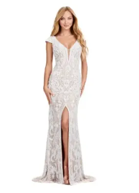 Ashley Lauren 11497 Long Prom Dress Fully Beaded V-Neck Evening Gown with Cap Sleeves and Center Slit Formal Pageant