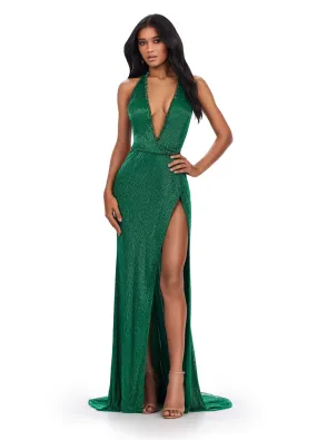 Ashley Lauren 11547 Long Prom Dress Liquid Beaded Gown with Open Back and Left Leg Slit Formal Pageant Gown
