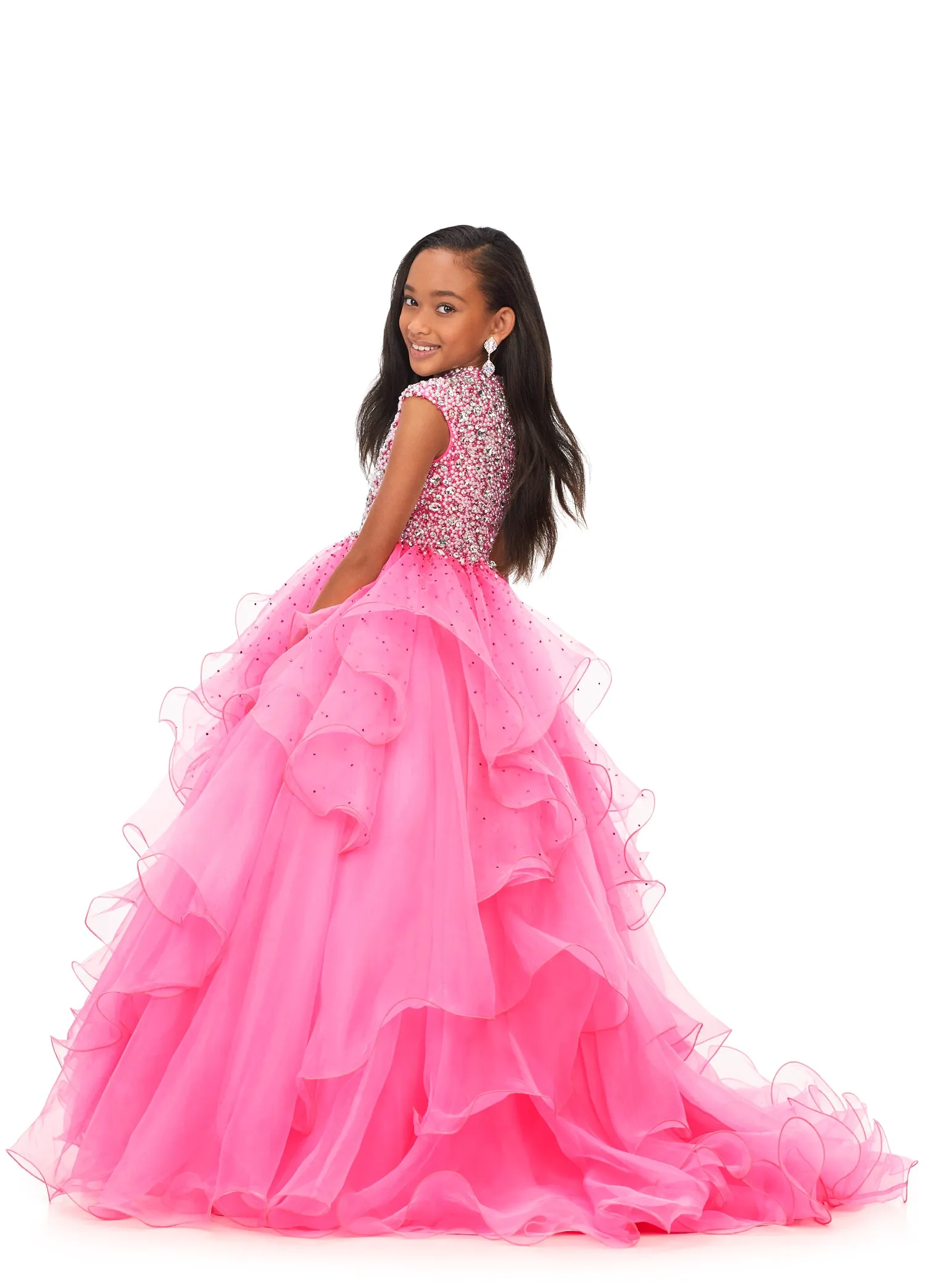 Ashley Lauren Kids 8180 Girls High Neckline Ball Gown with Organza Ruffle Pageant Skirt