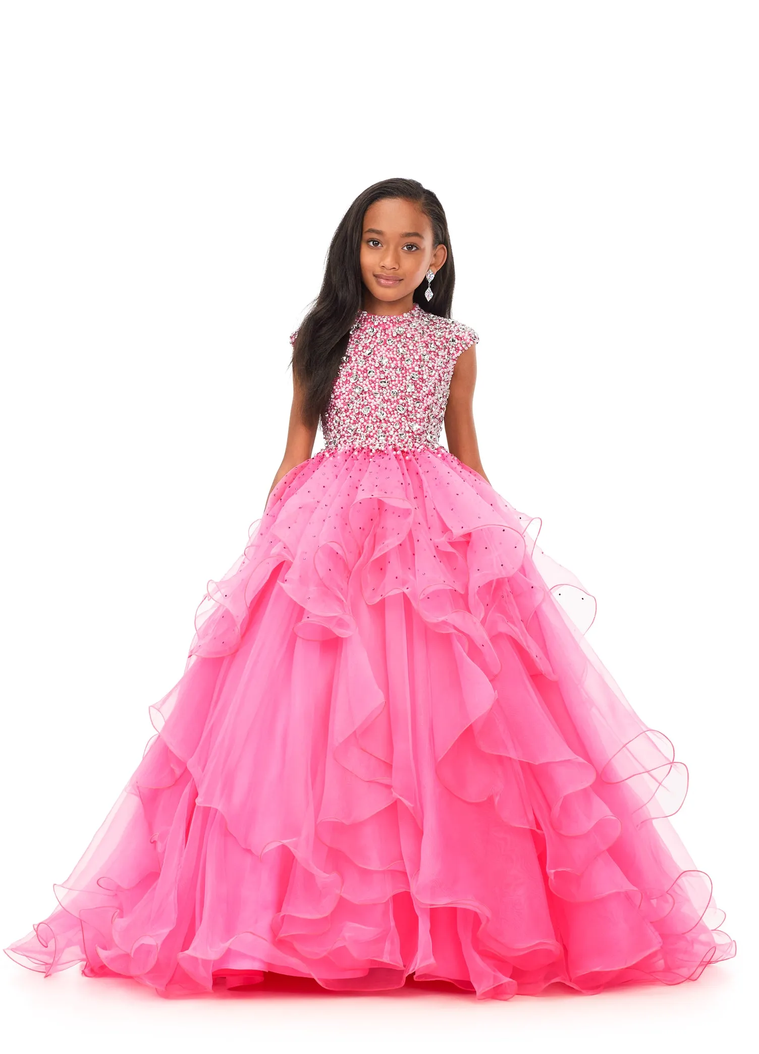 Ashley Lauren Kids 8180 Girls High Neckline Ball Gown with Organza Ruffle Pageant Skirt
