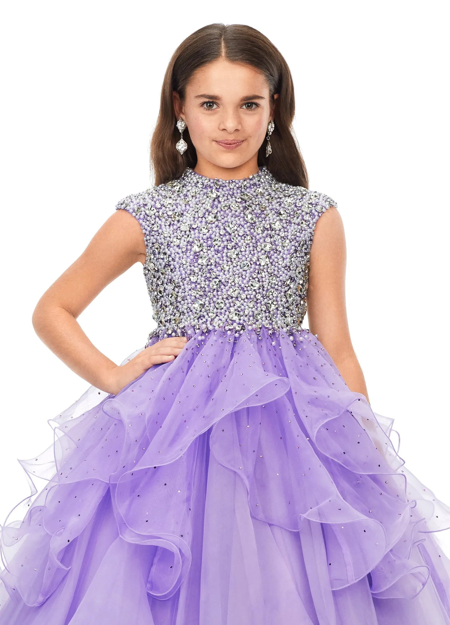 Ashley Lauren Kids 8180 Girls High Neckline Ball Gown with Organza Ruffle Pageant Skirt