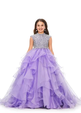 Ashley Lauren Kids 8180 Girls High Neckline Ball Gown with Organza Ruffle Pageant Skirt