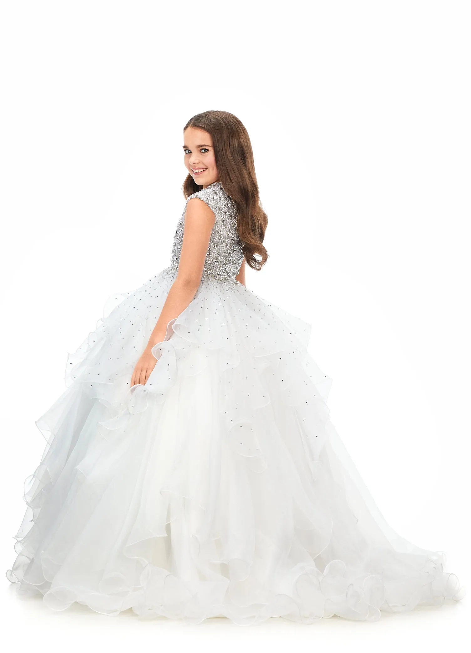 Ashley Lauren Kids 8180 Girls High Neckline Ball Gown with Organza Ruffle Pageant Skirt