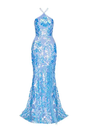 ATIRA FEATHERED GOWN IN IRRIDESCENT BLUE