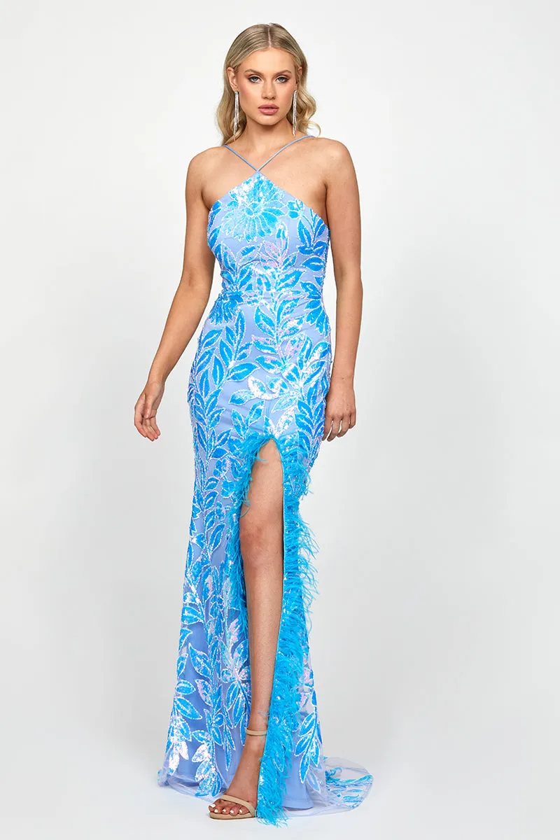 ATIRA FEATHERED GOWN IN IRRIDESCENT BLUE