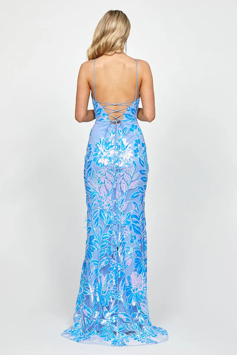 ATIRA FEATHERED GOWN IN IRRIDESCENT BLUE