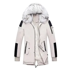ATWELL Design Men's Sports Fashion Beige White & Black Thick Winter Parka Fur Collar Hooded Coat Jacket