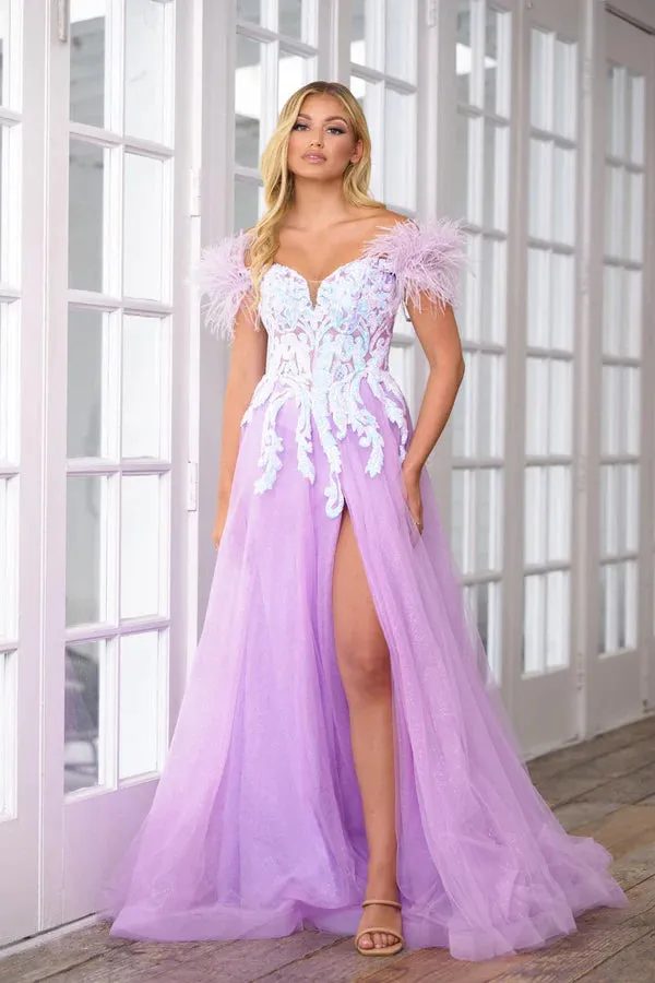 Ava Presley 39213 A Line Off  Shoulder Shimmer Feather Prom Dress Slit Sequin Formal Pageant Gown
