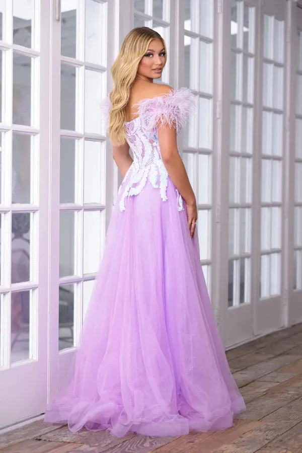 Ava Presley 39213 A Line Off  Shoulder Shimmer Feather Prom Dress Slit Sequin Formal Pageant Gown