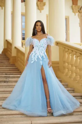 Ava Presley 39213 A Line Off  Shoulder Shimmer Feather Prom Dress Slit Sequin Formal Pageant Gown
