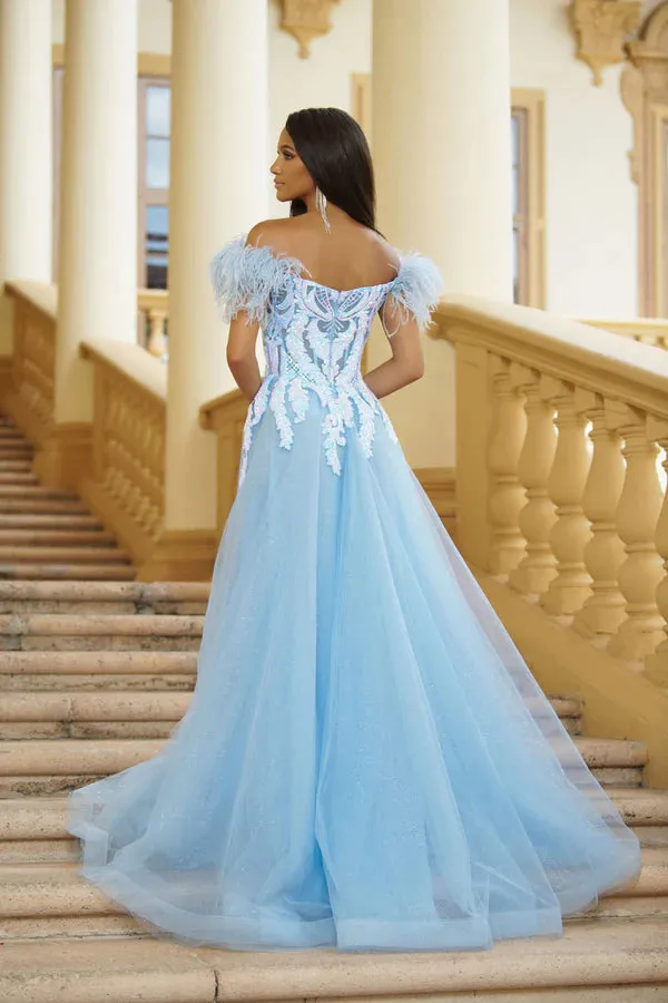 Ava Presley 39213 A Line Off  Shoulder Shimmer Feather Prom Dress Slit Sequin Formal Pageant Gown