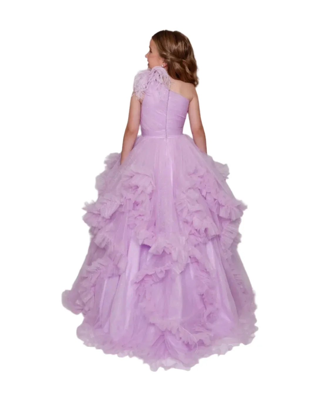 Ava Presley 39886 Girls Pleated Ruffle Shimmer Pageant Dress Feather One Shoulder Formal Gown