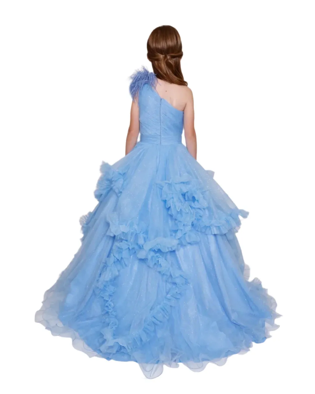 Ava Presley 39886 Girls Pleated Ruffle Shimmer Pageant Dress Feather One Shoulder Formal Gown