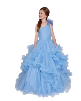 Ava Presley 39886 Girls Pleated Ruffle Shimmer Pageant Dress Feather One Shoulder Formal Gown