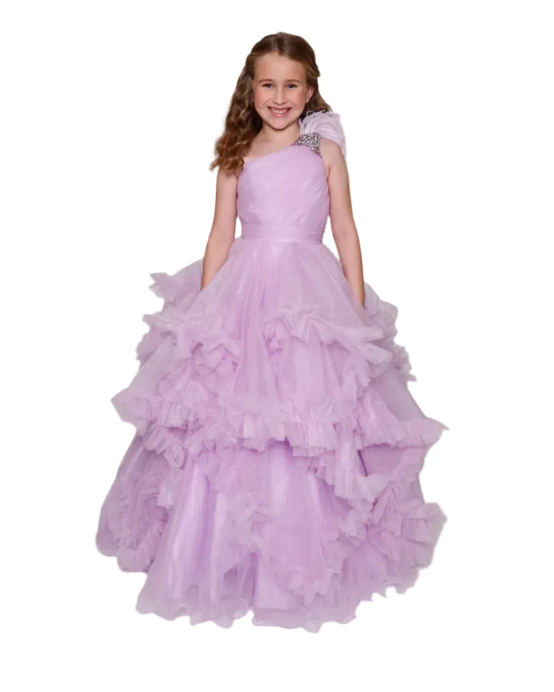 Ava Presley 39886 Girls Pleated Ruffle Shimmer Pageant Dress Feather One Shoulder Formal Gown
