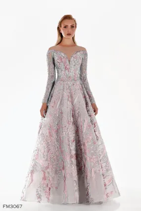 Azzure Couture FM3067 Plunging Long Sleeve Silver and Pink Gown