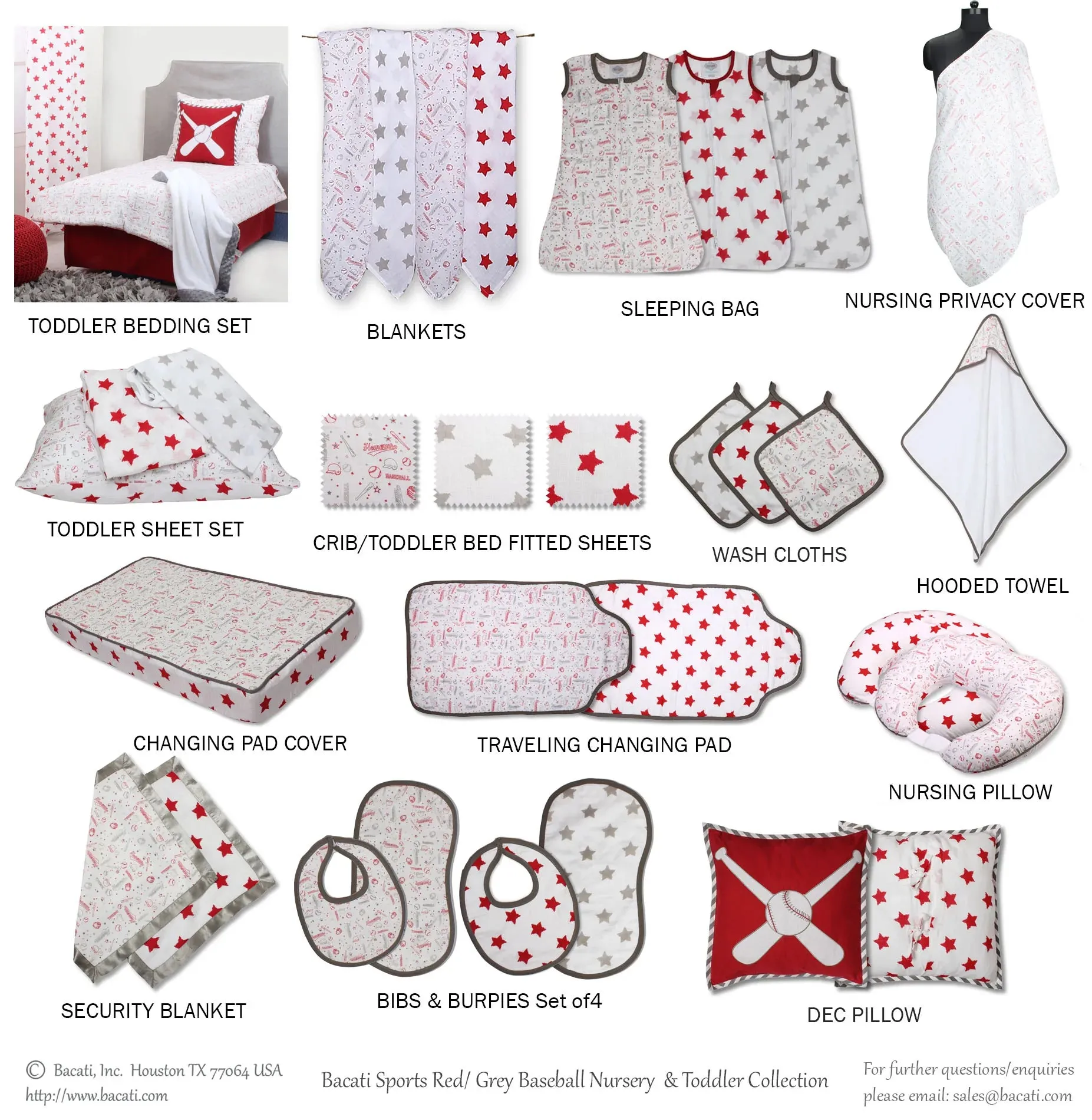 Bacati - Baseball 11-Piece Muslin Boys Crib Bedding Set Red Grey