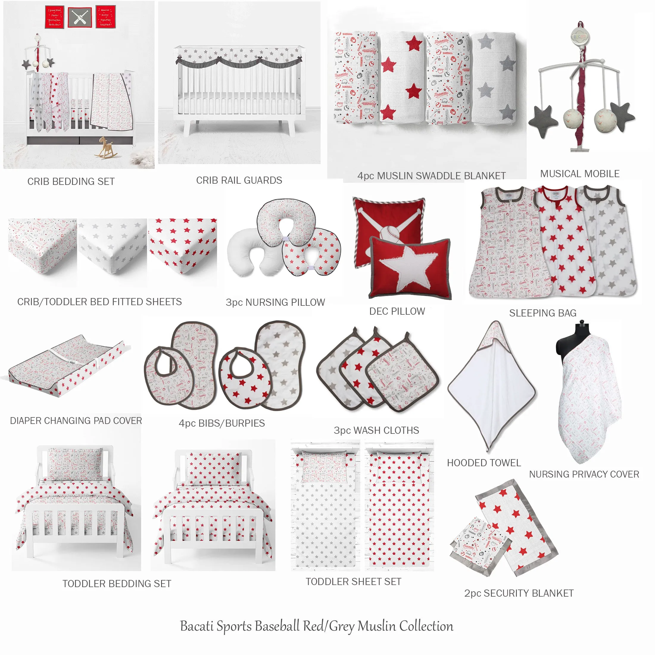 Bacati - Baseball 11-Piece Muslin Boys Crib Bedding Set Red Grey