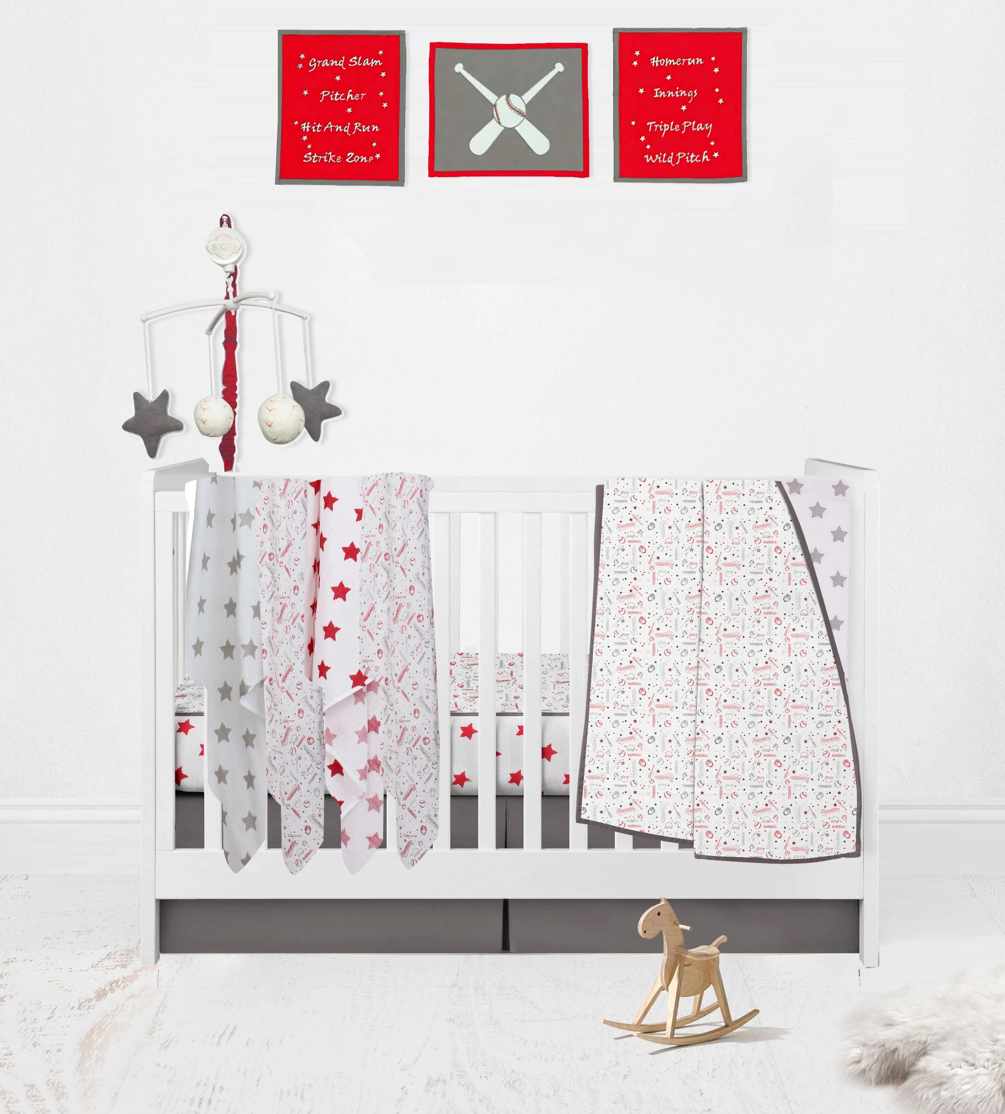 Bacati - Baseball 11-Piece Muslin Boys Crib Bedding Set Red Grey