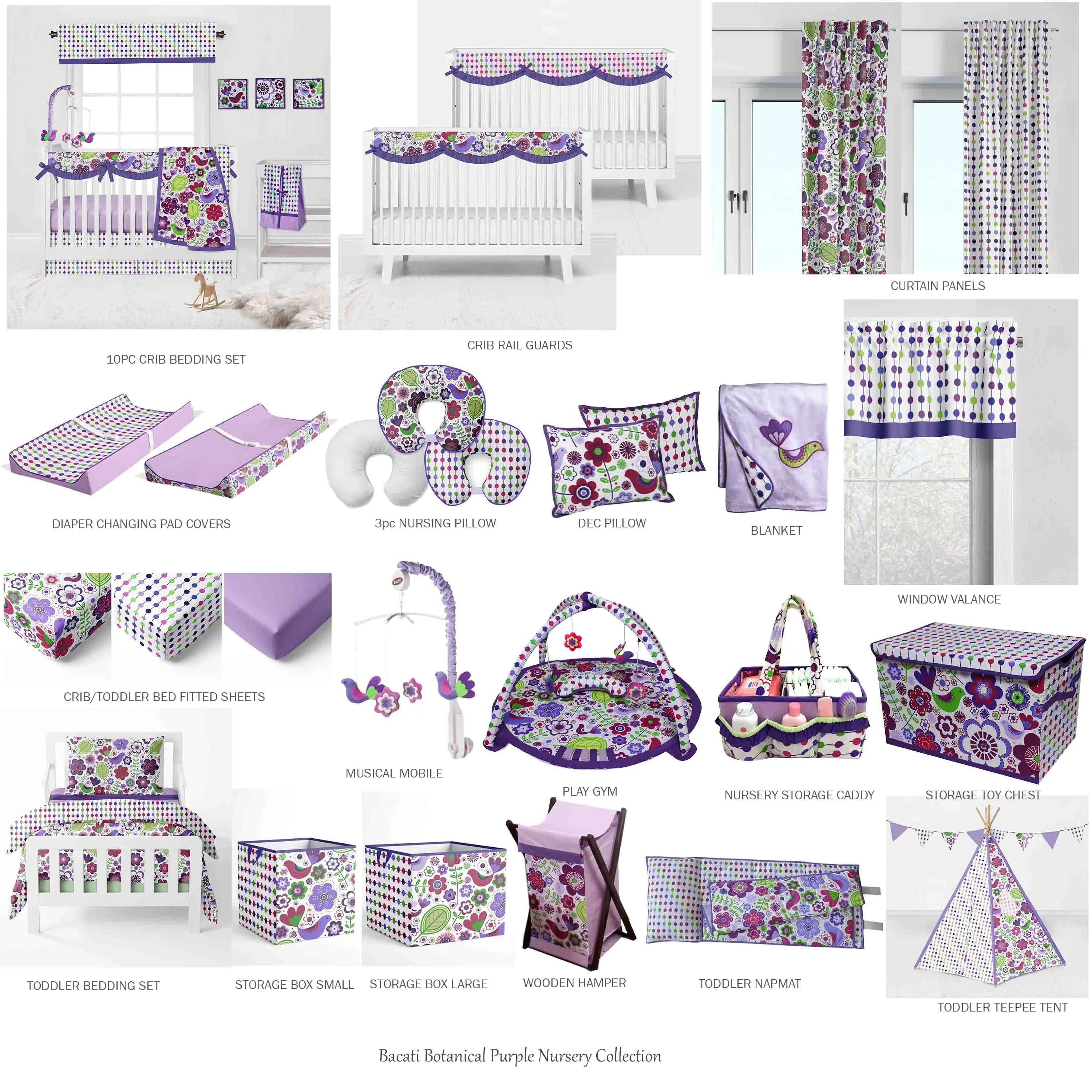 Bacati - Botanical Floral Birds 10-Piece Crib Bedding Set with Crib Rail Guard - Purple/Multi Girls