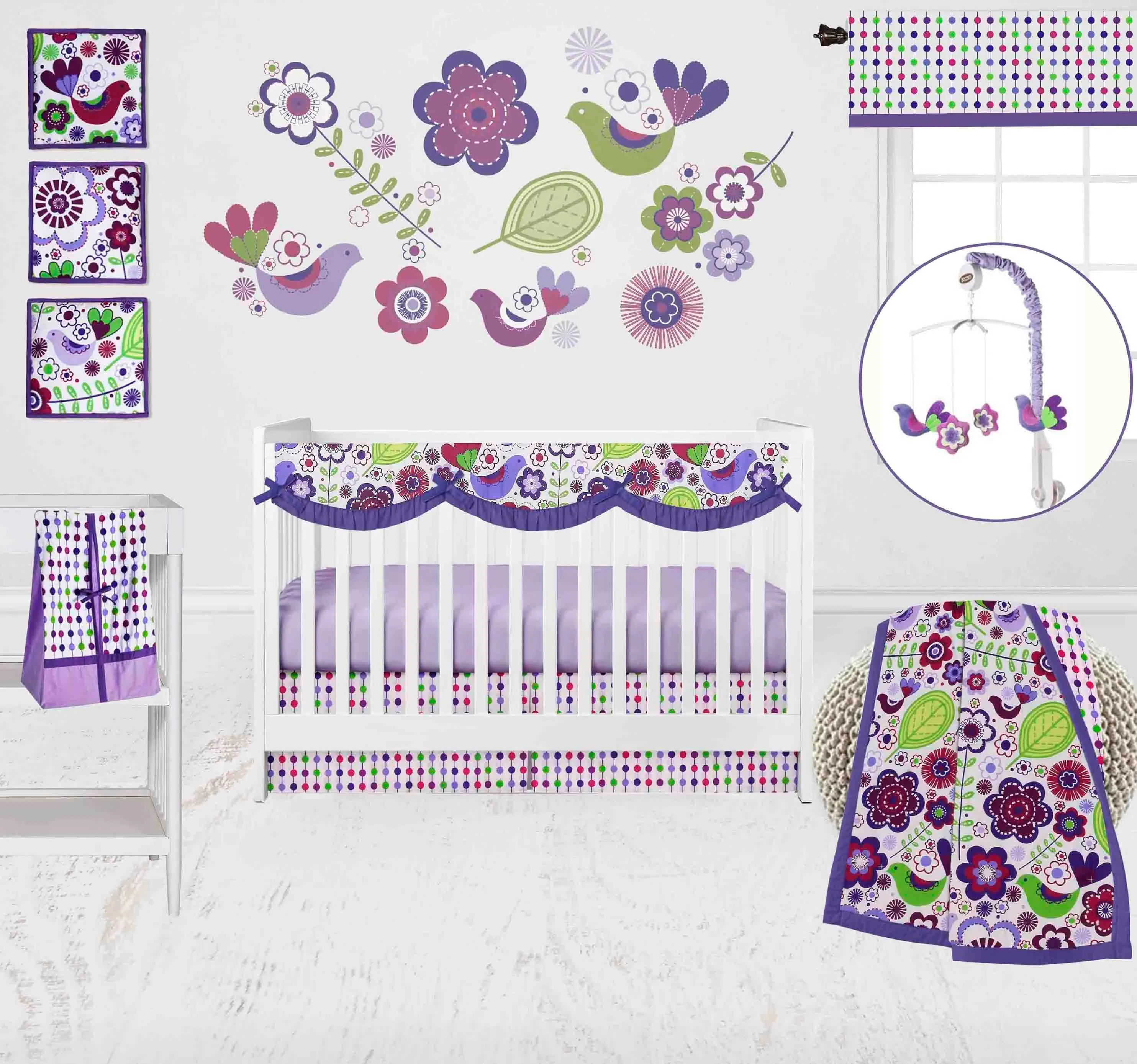 Bacati - Botanical Floral Birds 10-Piece Crib Bedding Set with Crib Rail Guard - Purple/Multi Girls