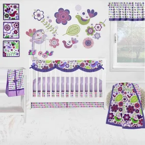 Bacati - Botanical Floral Birds 10-Piece Crib Bedding Set with Crib Rail Guard - Purple/Multi Girls
