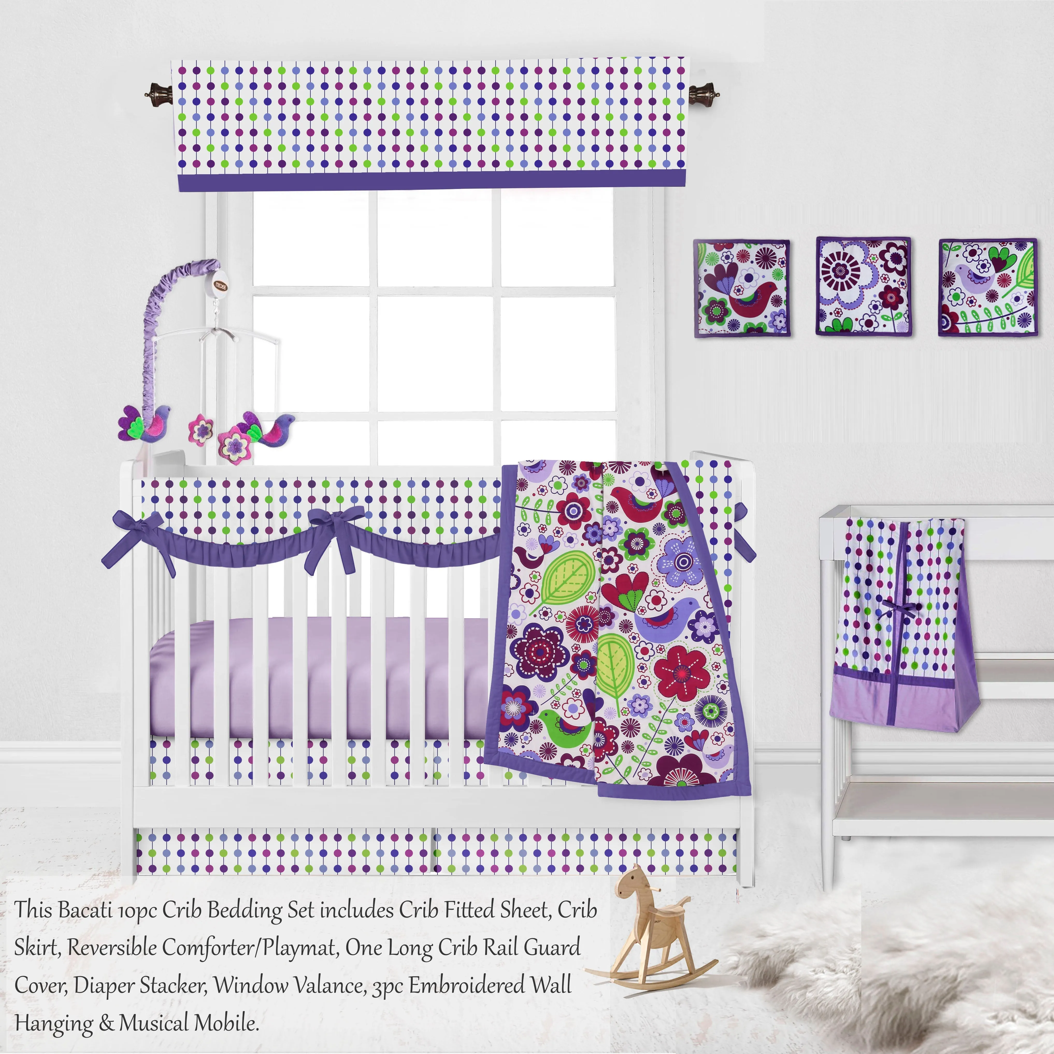 Bacati - Botanical Floral Birds 10-Piece Crib Bedding Set with Crib Rail Guard - Purple/Multi Girls