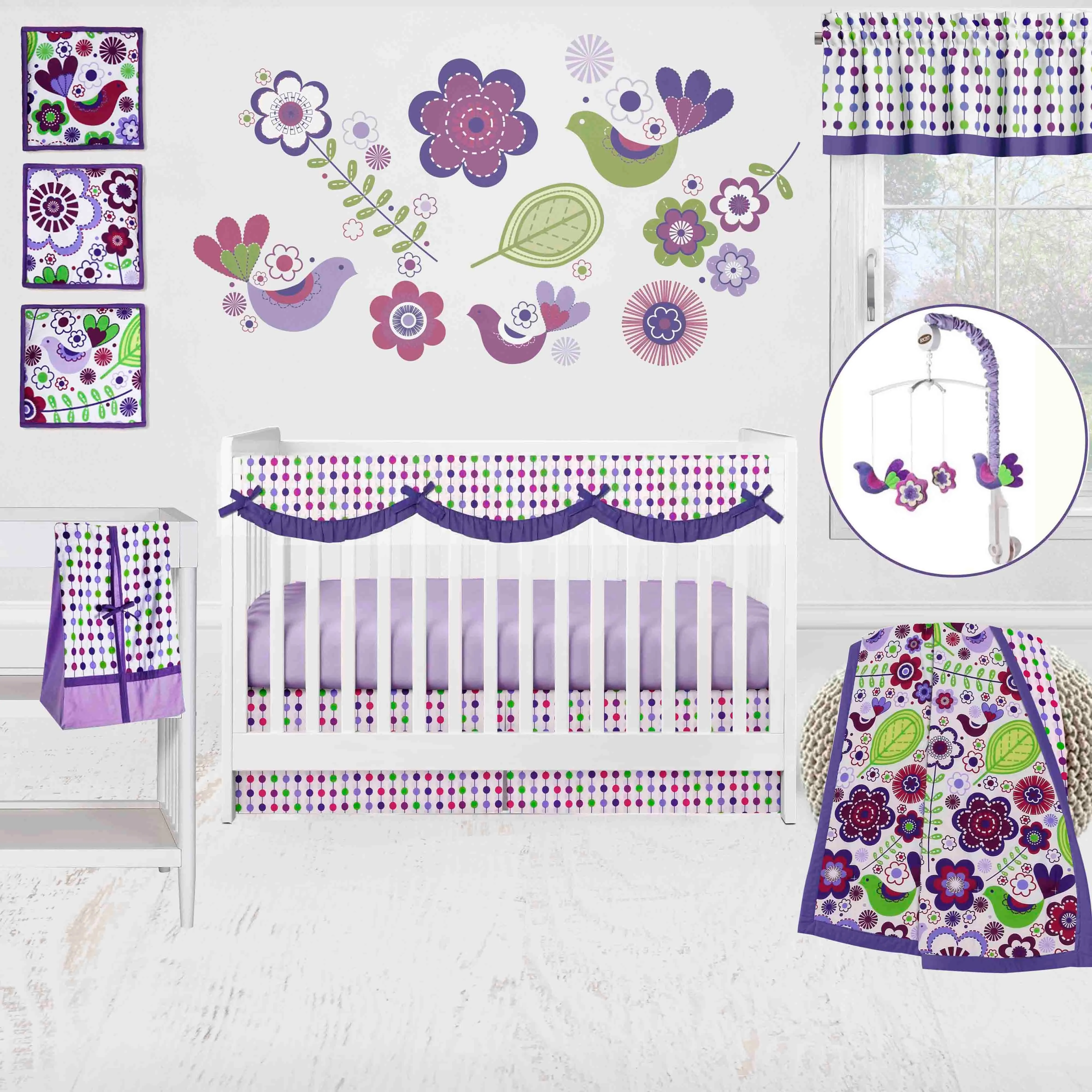 Bacati - Botanical Floral Birds 10-Piece Crib Bedding Set with Crib Rail Guard - Purple/Multi Girls