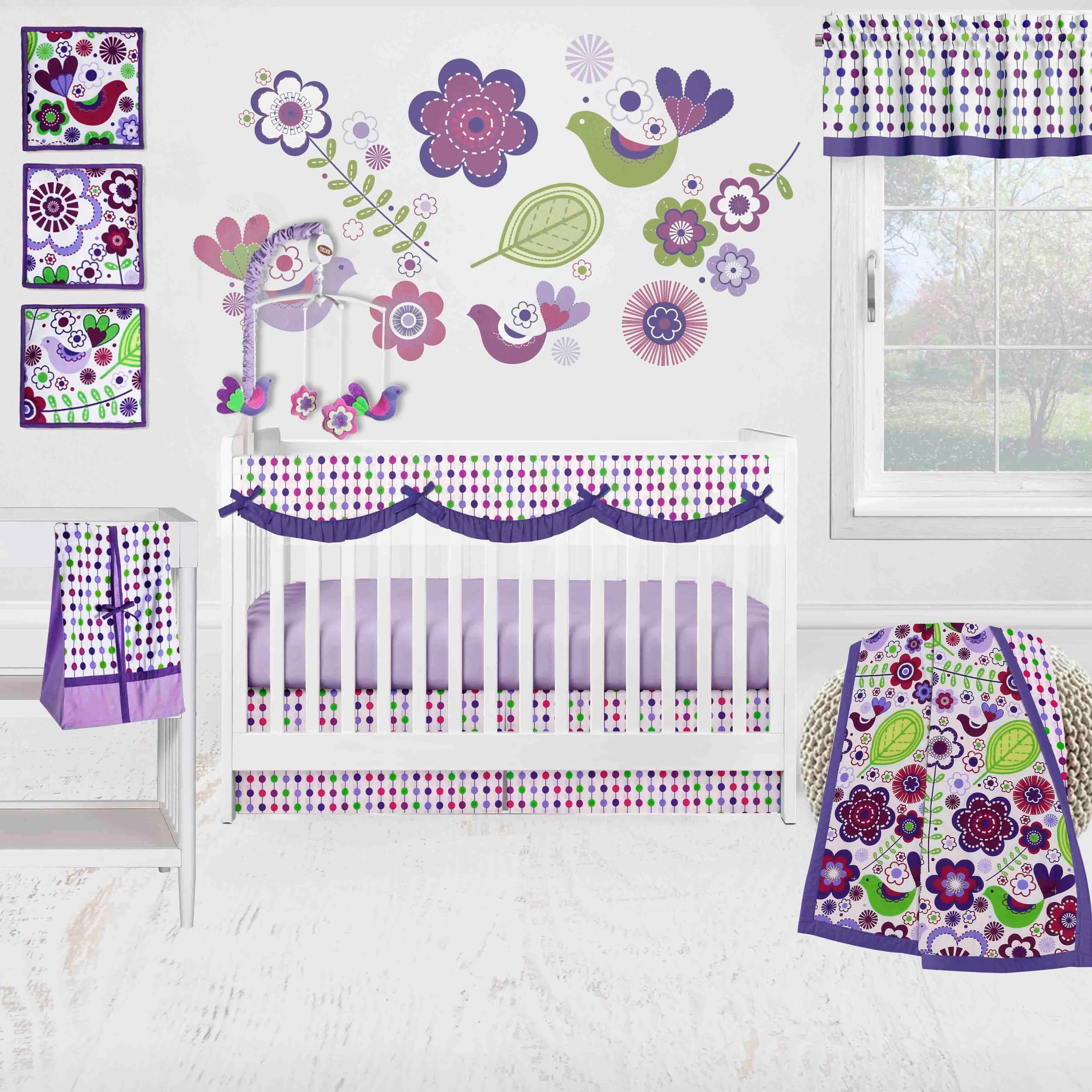 Bacati - Botanical Floral Birds 10-Piece Crib Bedding Set with Crib Rail Guard - Purple/Multi Girls