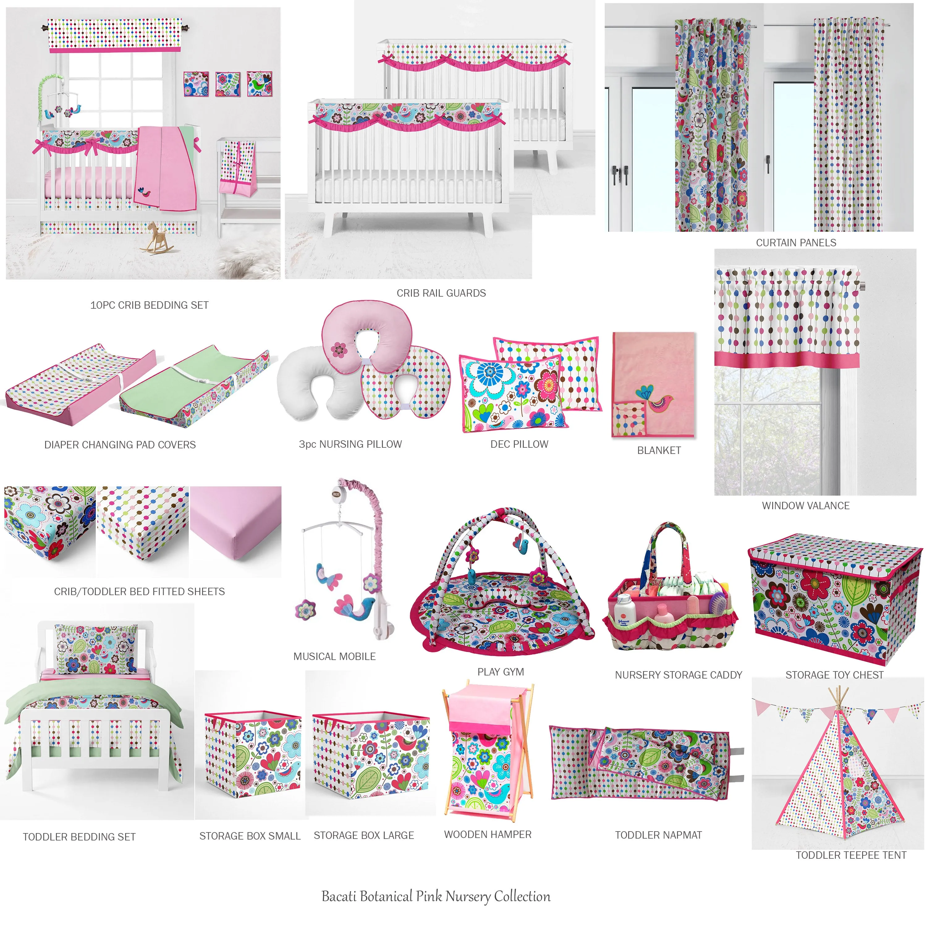 Bacati - Botanical Floral Birds 4-Piece Crib Bedding Set with Diaper Stacker - Pink/Multi Girls