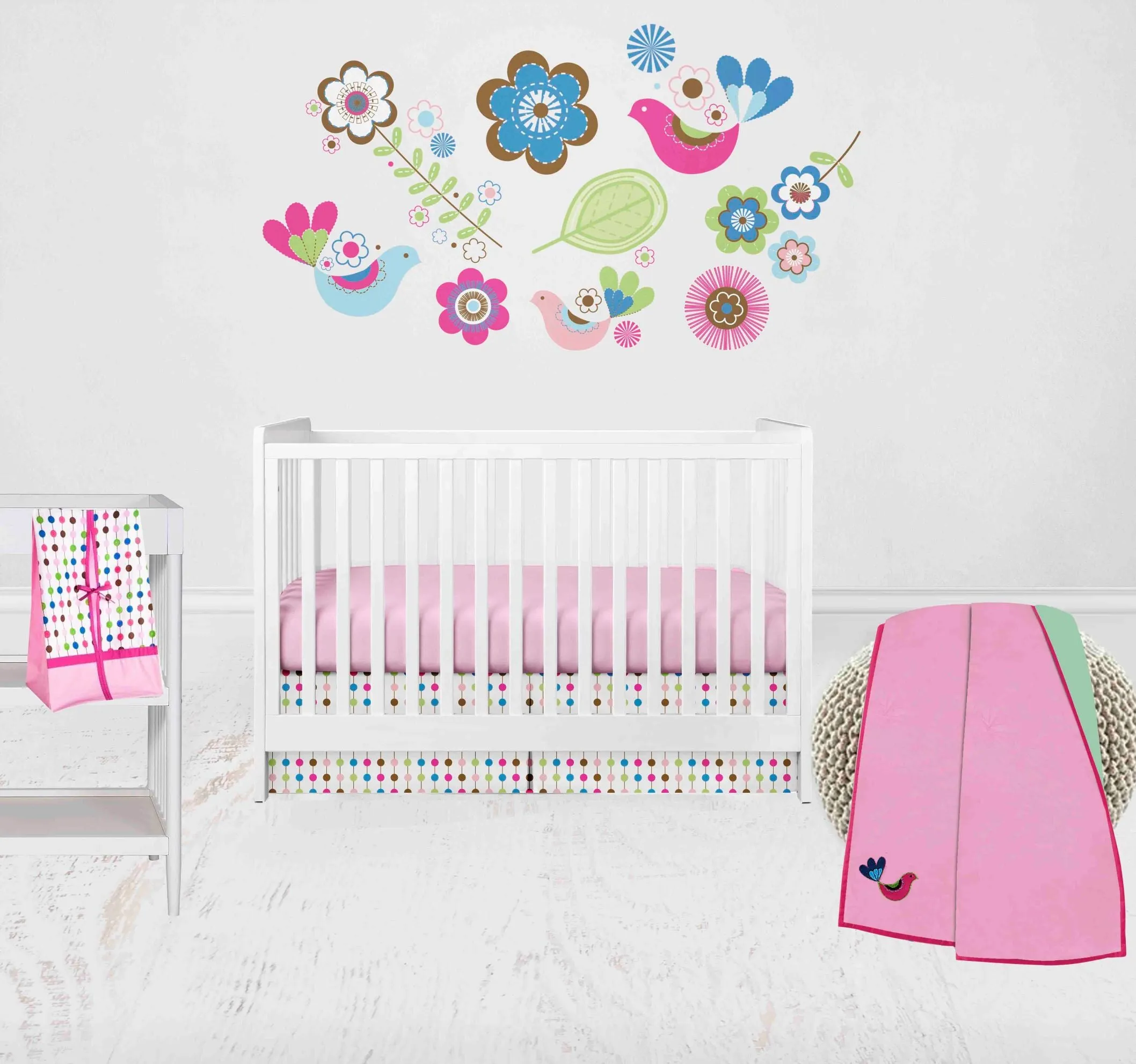 Bacati - Botanical Floral Birds 4-Piece Crib Bedding Set with Diaper Stacker - Pink/Multi Girls