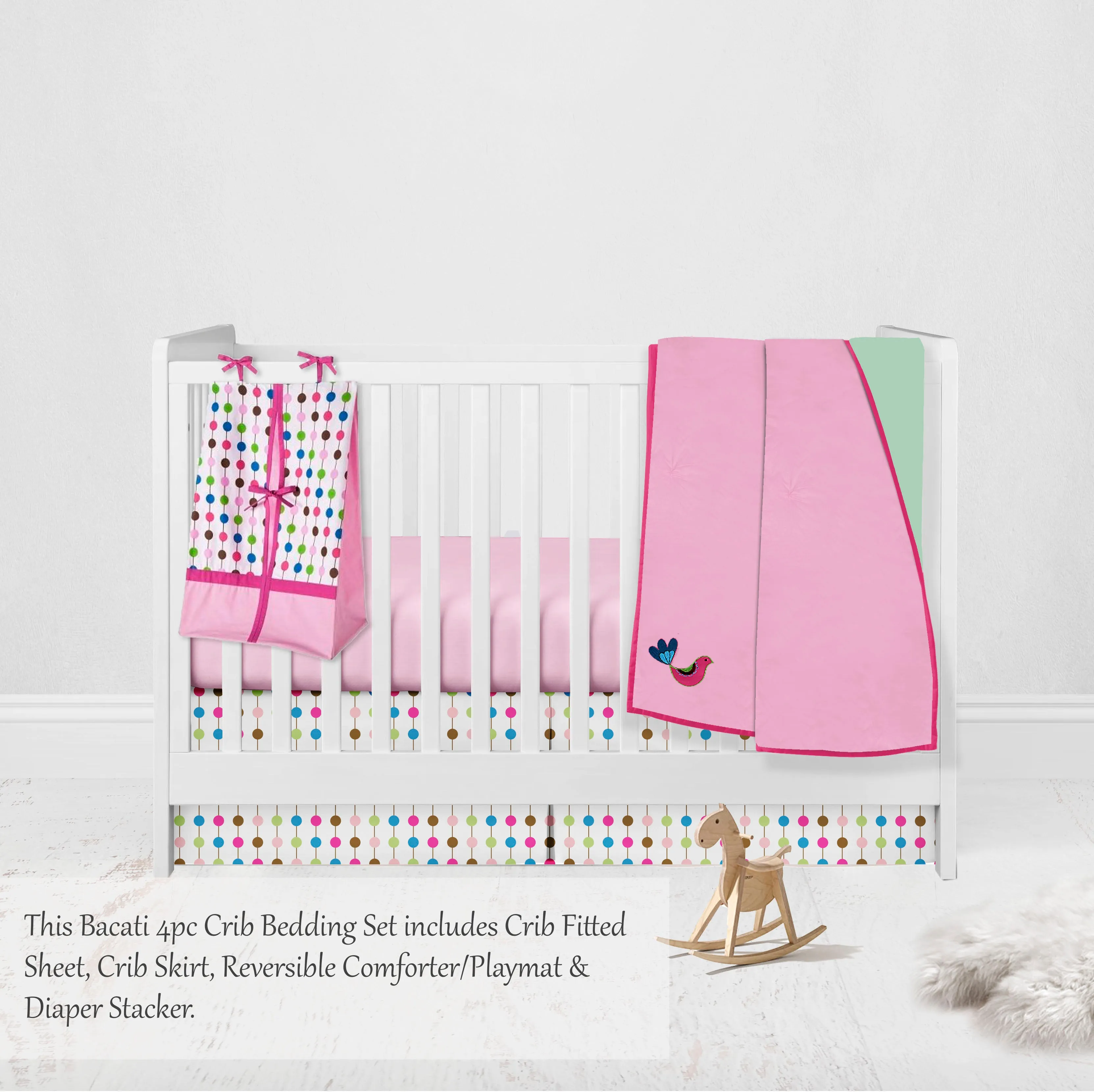 Bacati - Botanical Floral Birds 4-Piece Crib Bedding Set with Diaper Stacker - Pink/Multi Girls